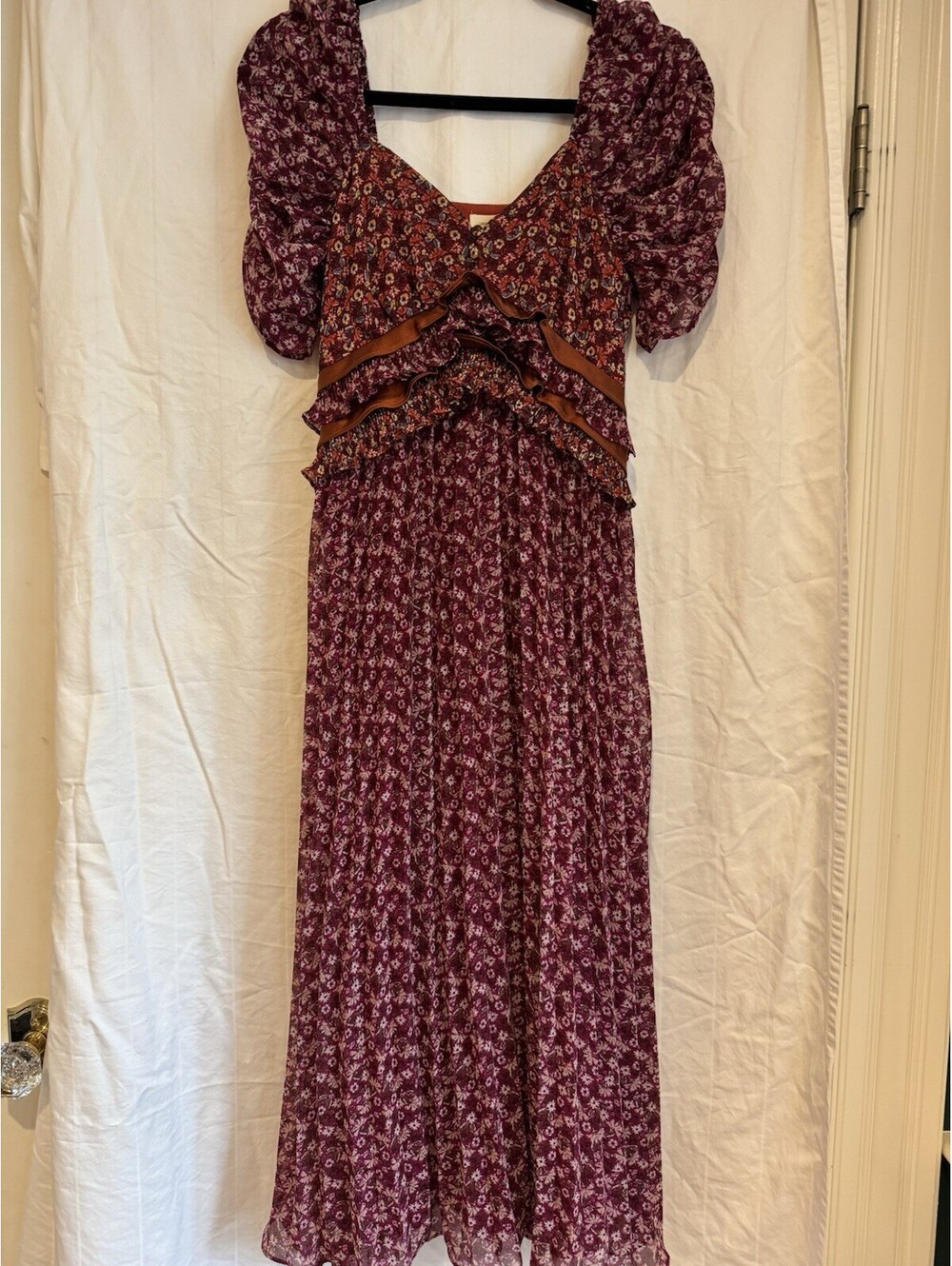 Urban Outfitters Burgundy Rust Floral Ruffle Tiered Square Neck Midi Dress S